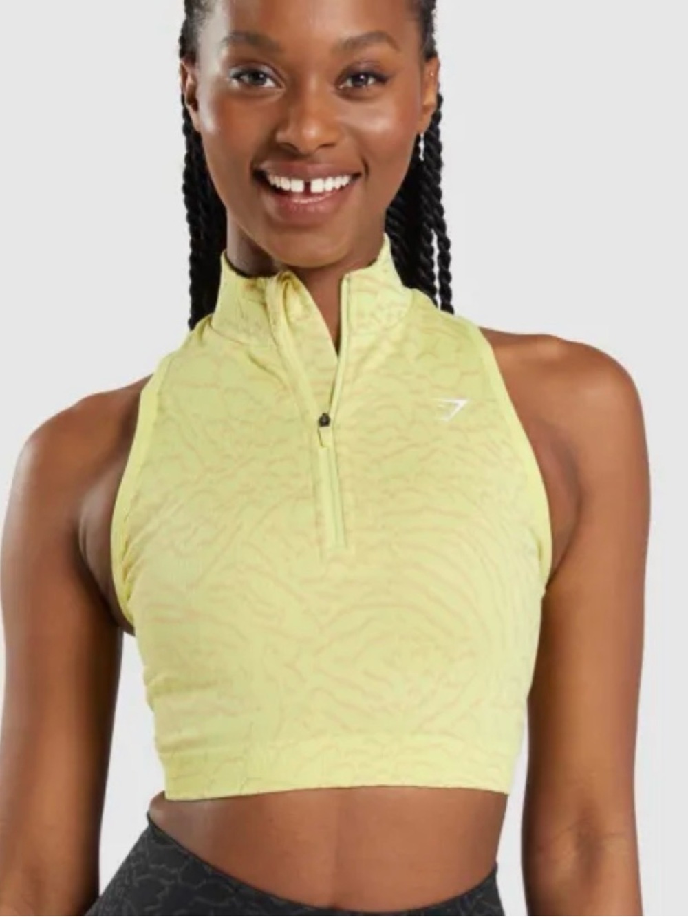 Gymshark Set - High Neck Zip Crop Top with Matching Shorts — Lime Yellow Print
